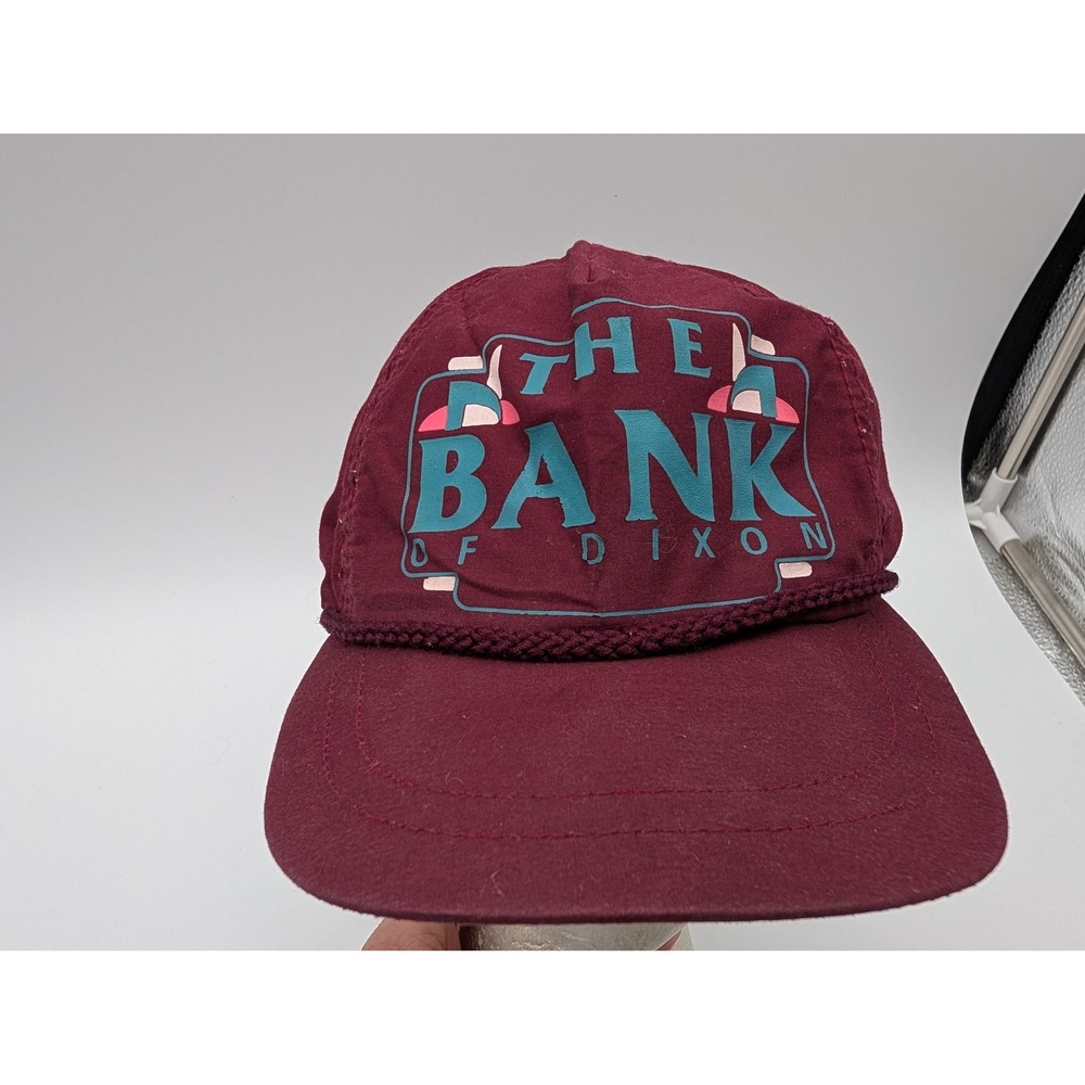 Vintage The Bank of Dixon Snapback Hat Maroon Made in USA Rope Trucker Cap